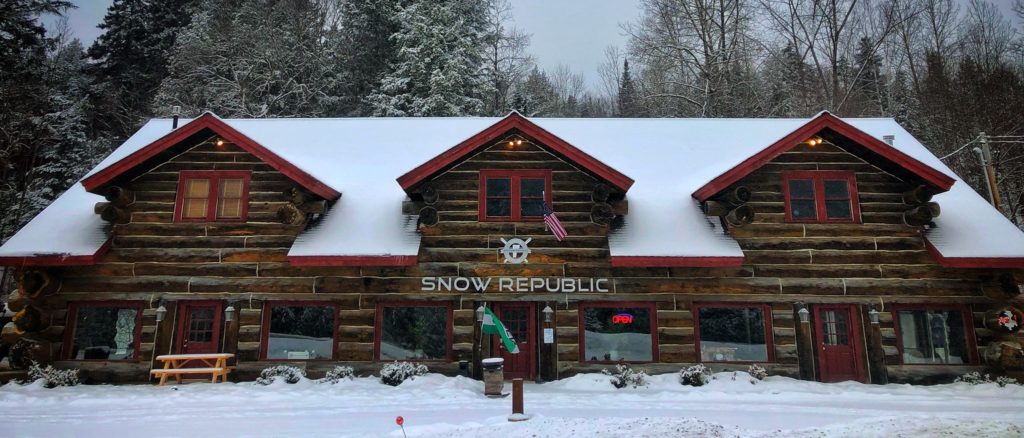 Snow Republic Brewery exterior shot with snow.