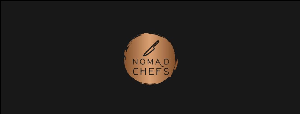 Nomad chefs logo. Gold circle with knife and black background.