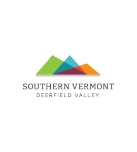Southern Vermont Deerfield Valley logo. Three mountains that are green, blue and orange.